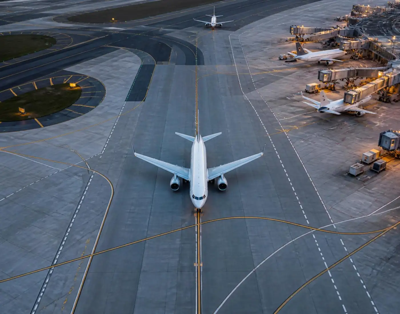Aircraft on the apron between airport gates and taxiways
